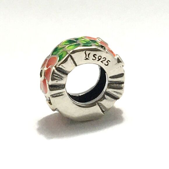 Sterling Silver Bead Charm 925 CZ Peach Green Flowers For DIY Bracelets - Picture 3 of 12